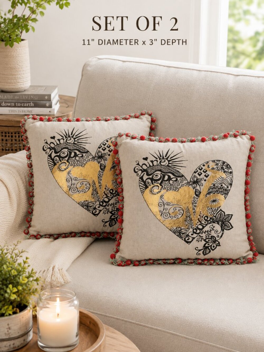 Hannah Grace Kindred Spirits Throw Pillows Set of 2 Gold Foil Pom Pom NWOT